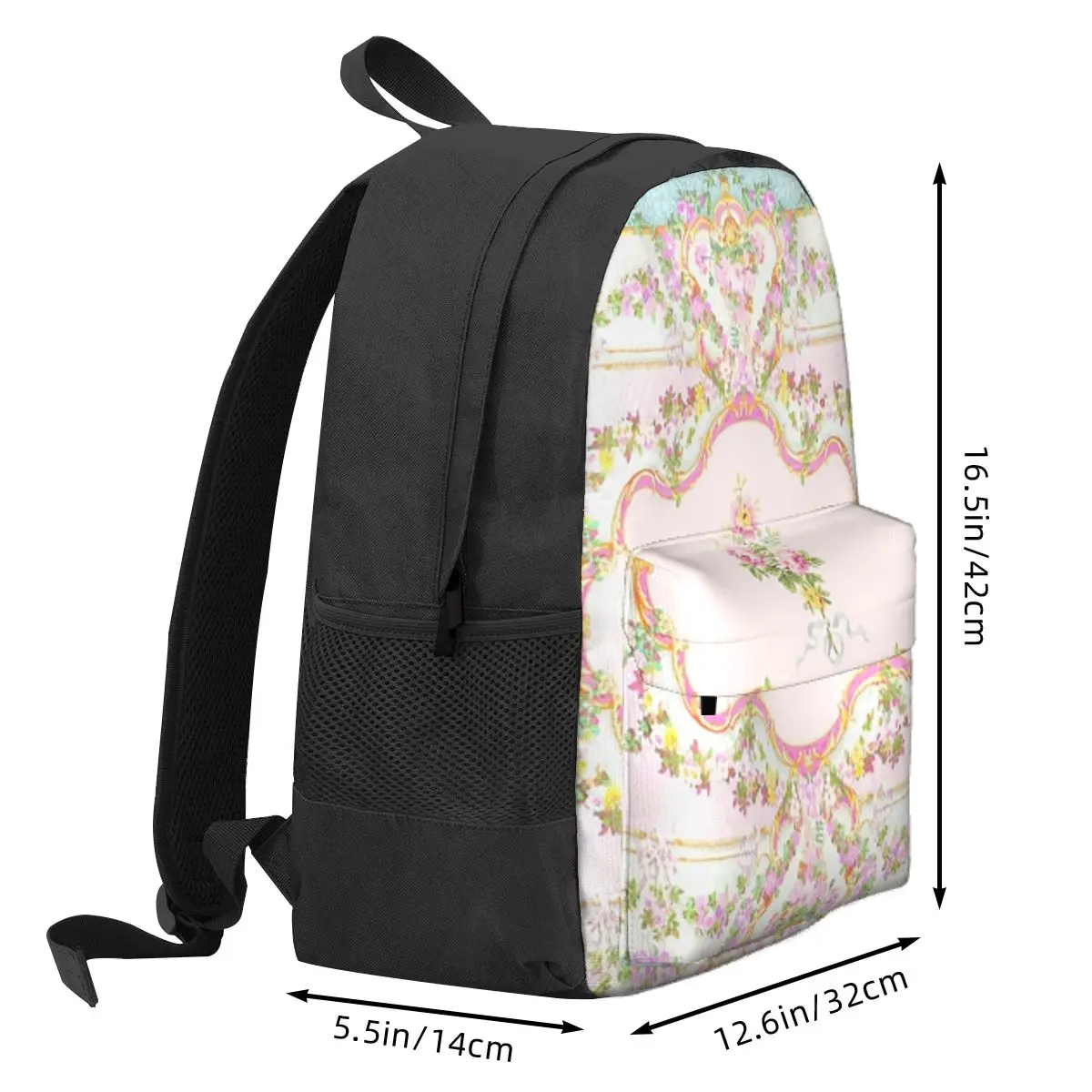 French Rococo Floral Watercolor Panel Student Backpack School Bag Hiking Travel Daypack for Boys Girls Bookbag Shoulder Bags