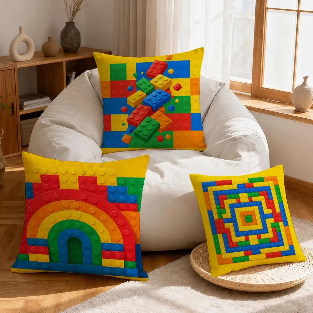 Art Color Building Block Geometric Pattern Cushion Cover Linen Anti-Mite Antibacterial Cushion Cover Invisible Zipper Sofa Decor