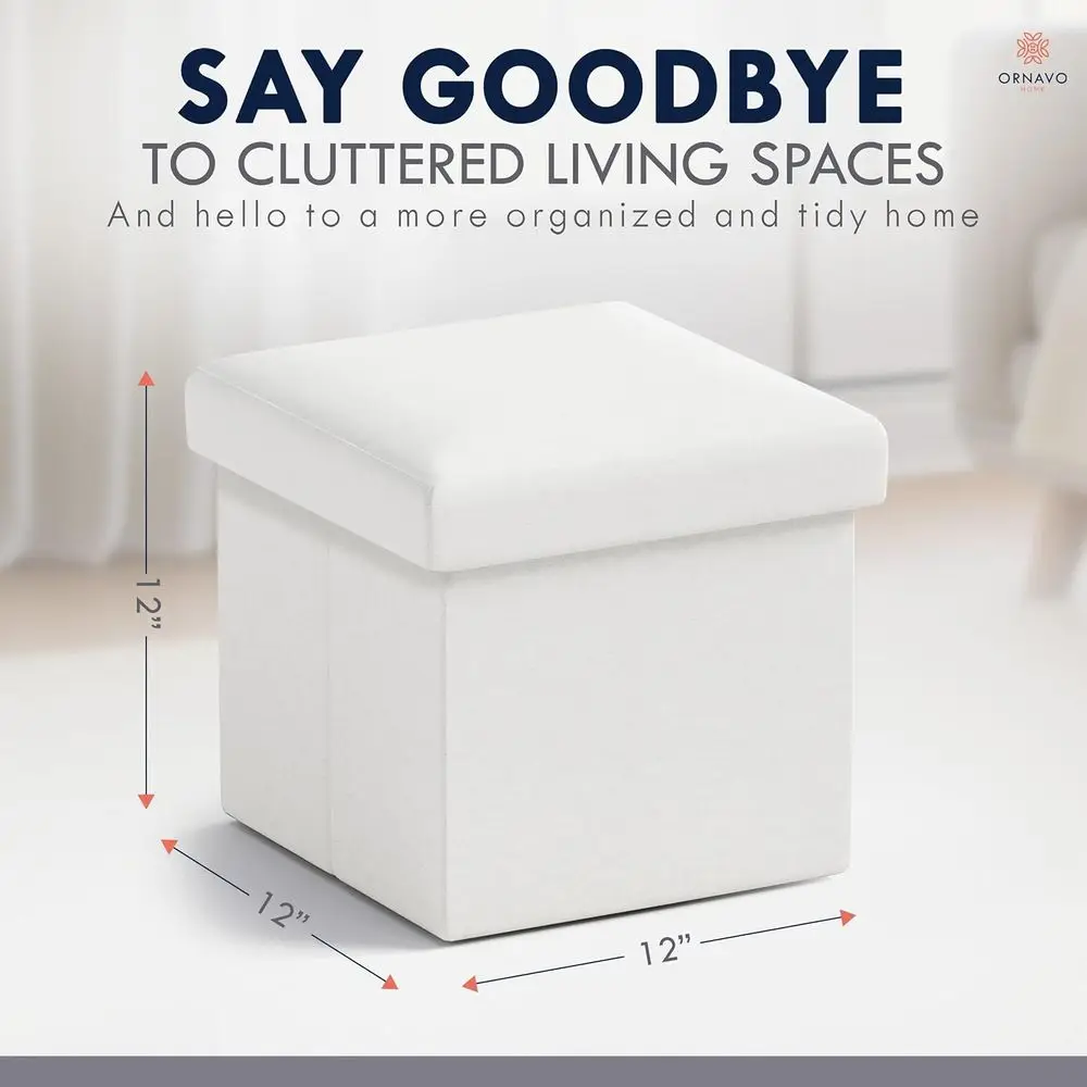 Collapsible Linen Cube Ottoman, Multi-Purpose Storage Stool, 12x12x12, White for Living Room, Bedroom, Home Office, Dorm