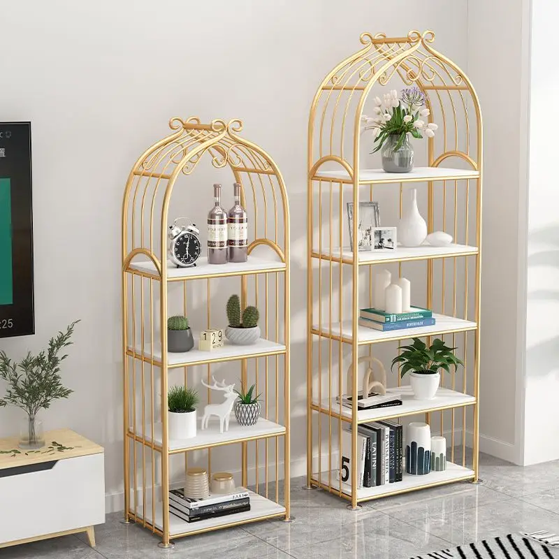 

Nordic shelf gold wrought iron living room multi-layer floor storage rack baffle shelf bookshelf light luxury nail art display