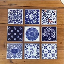 4PC Ceramic Square Coaster Set - Hand-painted Retro Blue and White Porcelain Decorative Various Cups and Mugs Home Decor BW