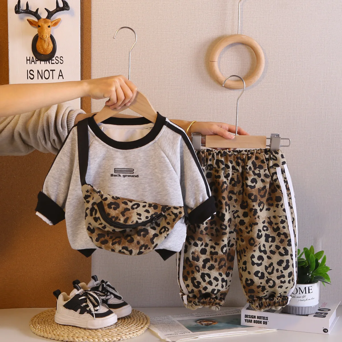 2PCS Toddler Boys 0-5 Years Leopard Print Outfit Set Color Block Sweatshirt + Jogger Pants + Fanny Pack Kids Streetwear Clothes