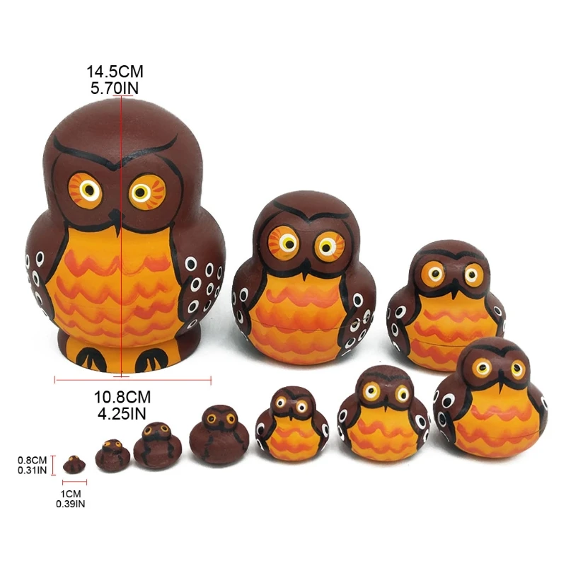 10pcs Cartoon Big Belly Brown Owl Wooden Russia Nesting Dolls Matryoshka for Kids Children Birthday Gift