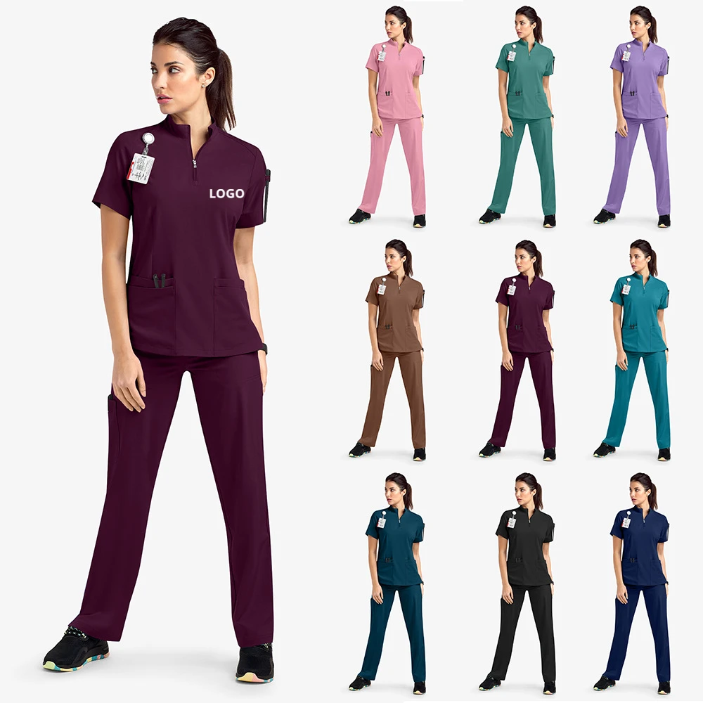 Customizable LOGO Nurse Short Sleeved Apparel Pharmacy Working Medical Hospital Doctor Nursing Uniform Stand-up collar Zipper