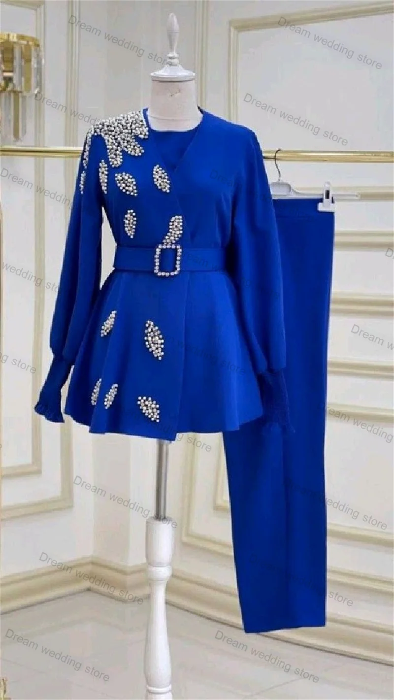 

Royal Blue Women Suit Pants Set 2 Piece Crystals Blazer+Belted Trousers Formal Office Lady Jacket Coat Wedding Tuxedo Customized