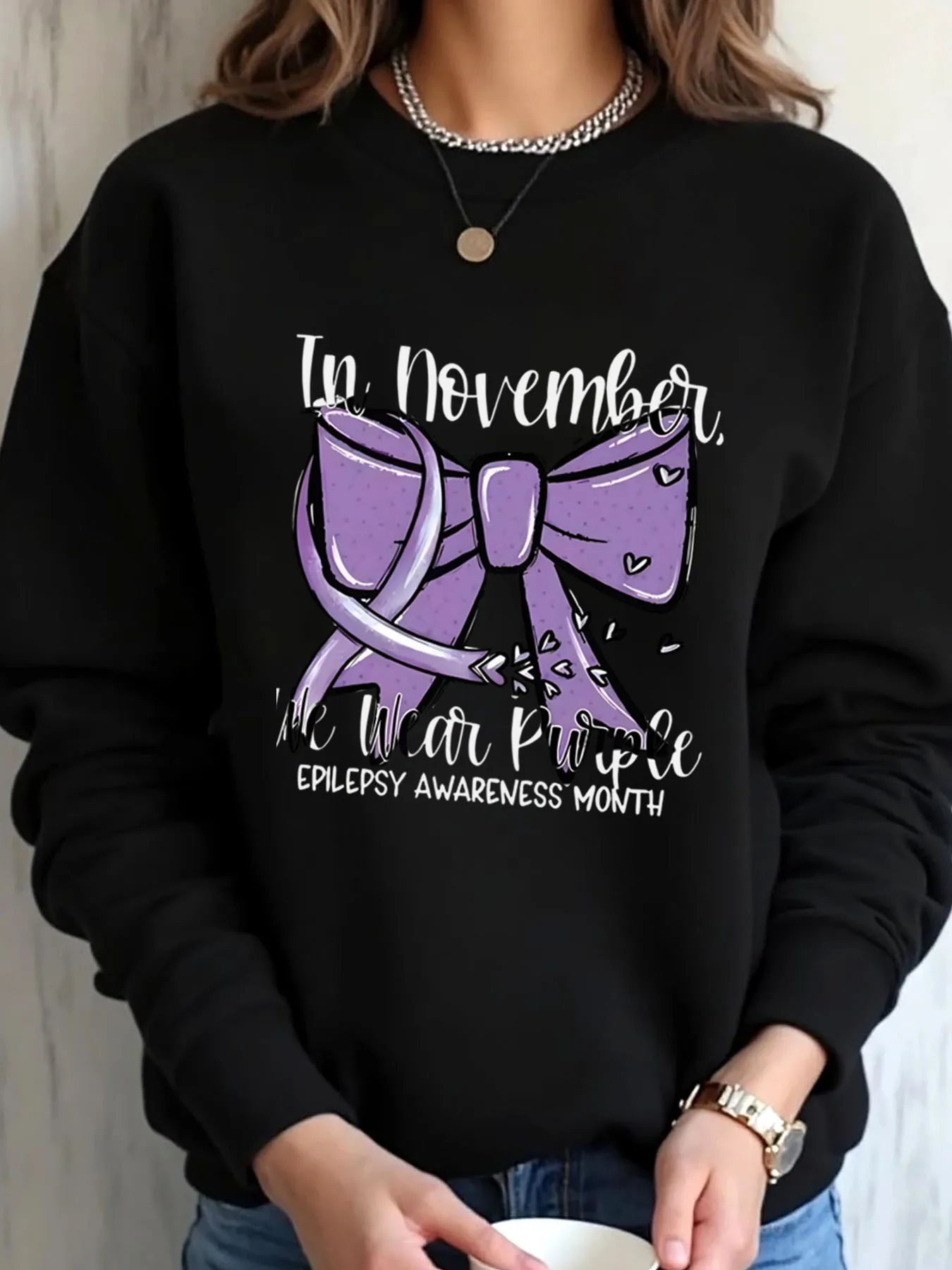 

Women Oversized Sweatshirt November Purple Ribbon Epilepsy Awareness Month Print Outdoor Wear