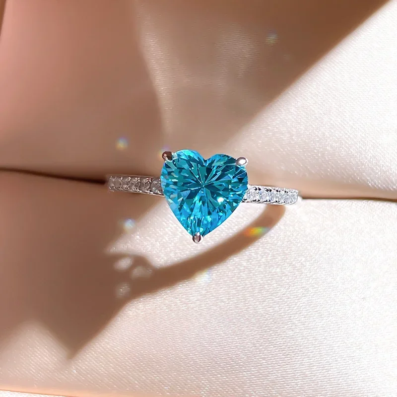 3-carat Love Sea Blue Treasure Color Diamond Ring 925 Silver Small Luxury Ice Flower Cutting Exquisite High Carbon Diamond