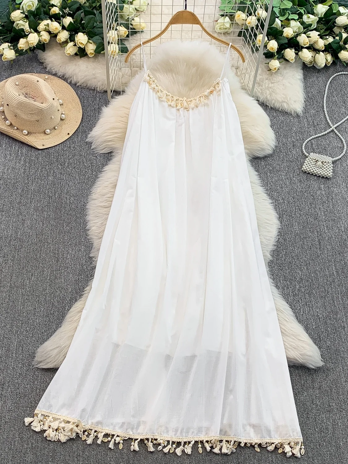 Fee witte chiffon riem Dr Weave kwastje ontwerp losse afslankende lange vakantie Sle Dr Koreaanse versie hoge taille A-lijn...