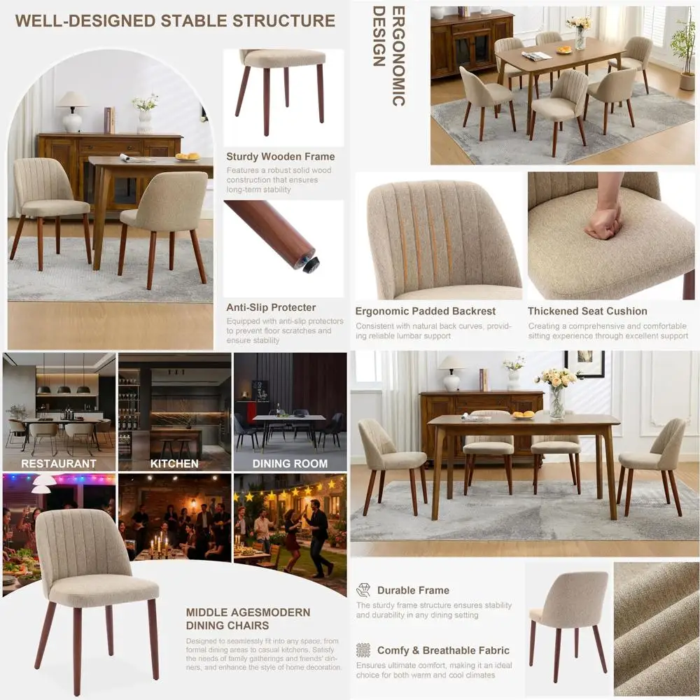 

Set of 4 Upholstered Dining Chairs with Padded Seats and Wooden Legs for Kitchen and Dining Room