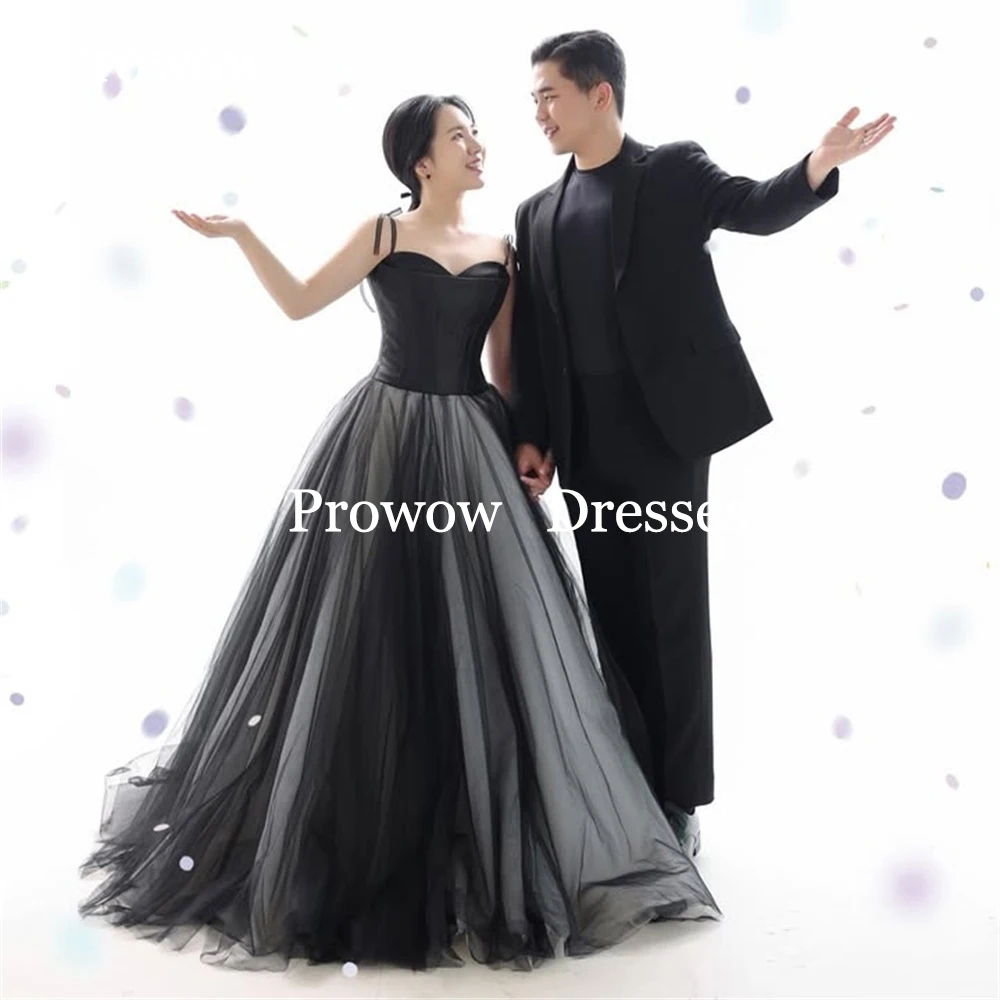 Prowow-Robes de Rhcoréennes noires, séance photo de mariage, tulle doux, robes de soirée, bretelles spaghetti, une ligne, longueur au sol personnalisée, 2025