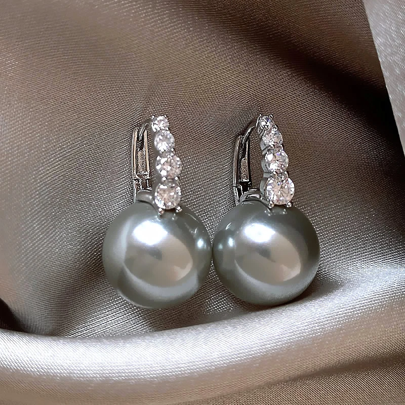

French new design fashion jewelry Silver color zircon grey pearl earrings Elegant women's everyday pearl accessories