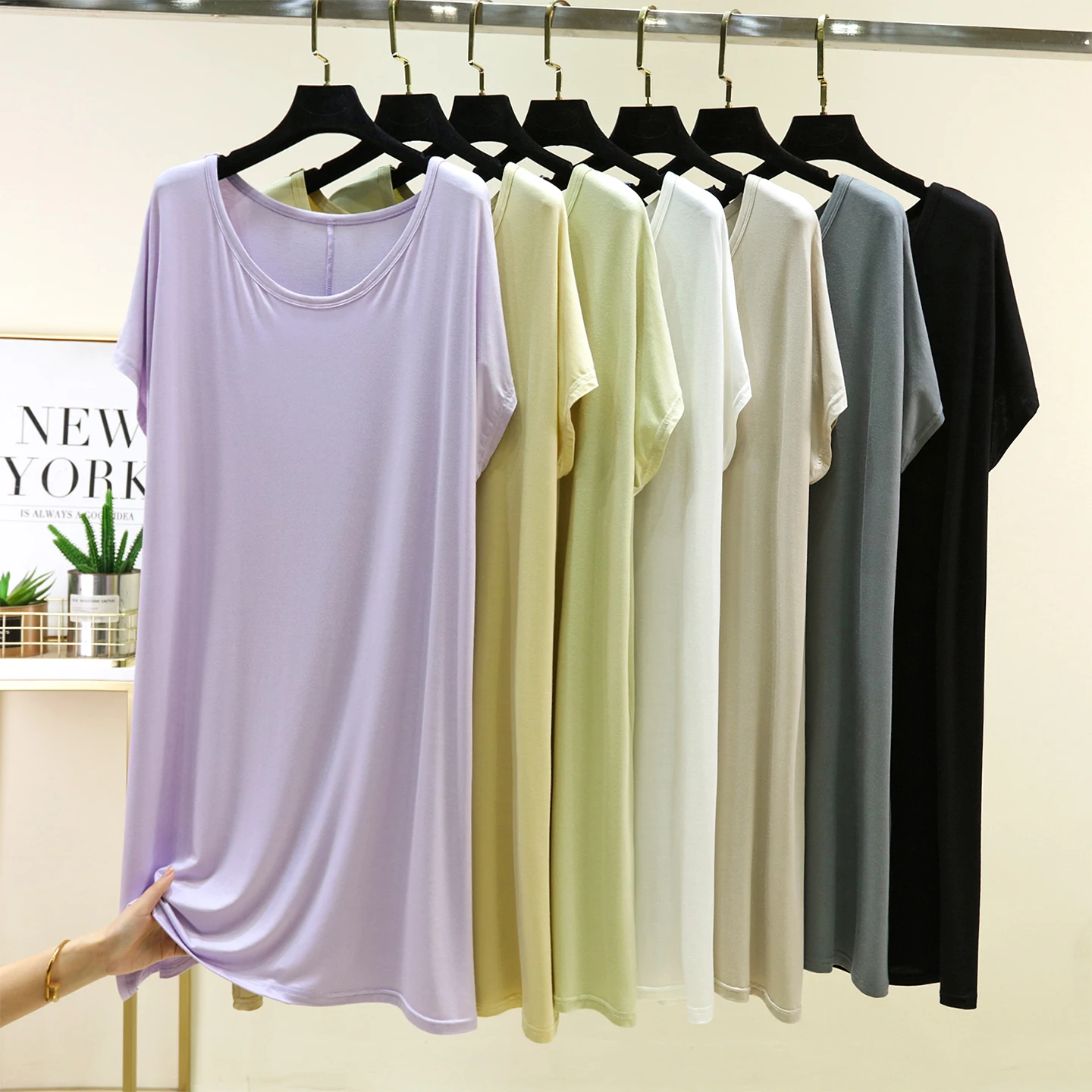 Modal round Neck Short Sleeve Dress Women Summer Thin T-Shirt Skirt Loose Home Dress Midi Length  Color Sleepwear Dress