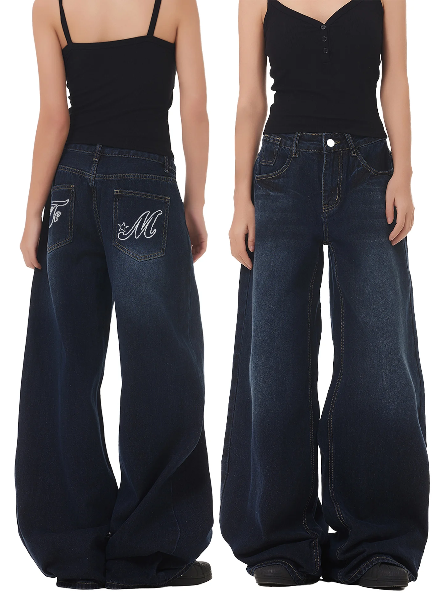 

Джинсы женские FreeMary с вышивкой, прямые, свободного кроя, сине-серые, со средней/низкой посадкой, удлиненные