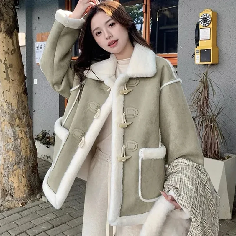 

Suede Coat with Horn Buckle for Women, One Lamb Wool Coat, Thick Warm Cotton Jacket, Casual Parker Outerwear, Autumn and Winter,