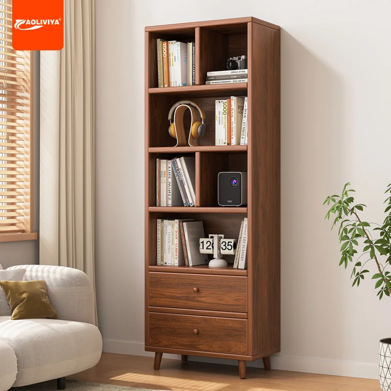 AOLIVIYA Solid Wood Bookshelf Living Room Floor To Wall Corner Shelf Household Japanese Narrow Vertical Cabinet Walnut Display