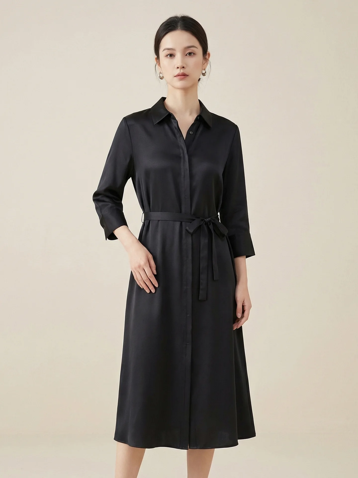 Women's Long Dress 93% Mulberry Silk Three-Quarter Sleeve Shirt Dress Work Office Commuter Dress 2026 Clothing