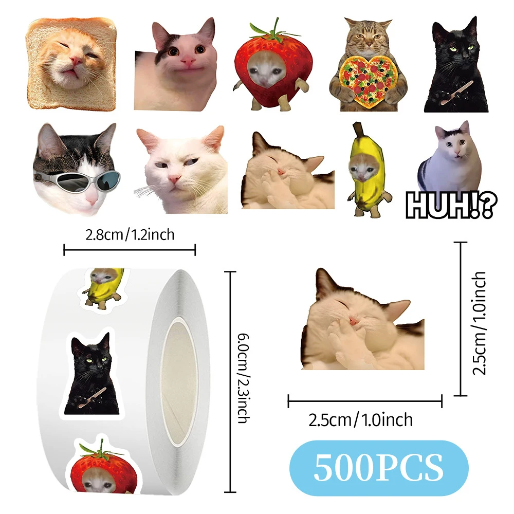 500pcs/Roll Funny Cat MEME Graffiti Stickers Cute Animal Cartoon Decals DIY Notebook Stationery Fridge Reward Seal Label Sticker