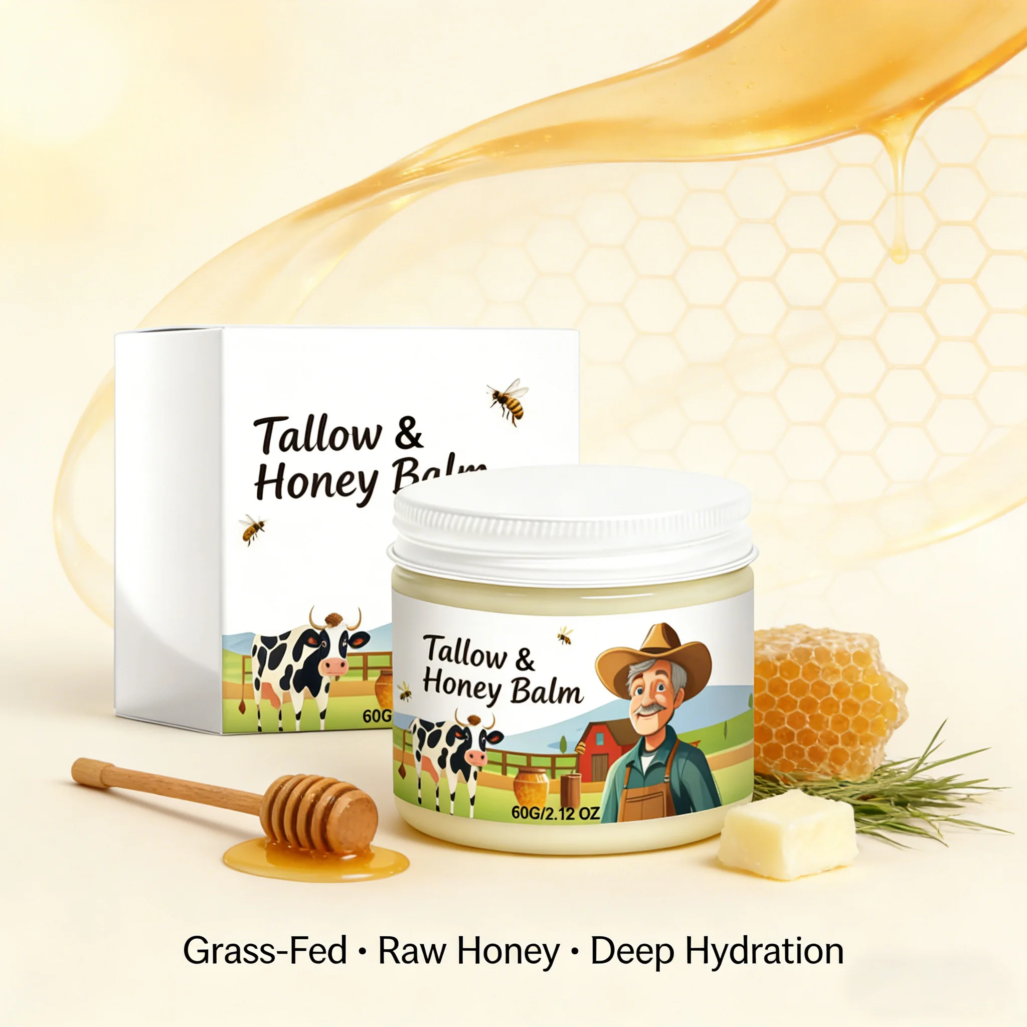 Hydrating Tallow & Honey Balm Skin Nourishing Smoothing Delicate Moisturizer to Improve Texture for Soft Firm Skin Daily Skincar