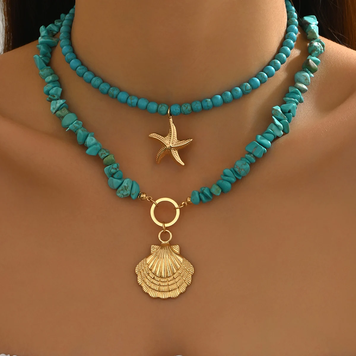 Women 2 Layer Turquoise Chip Stone Necklace Starfish Seashell Pendant Boho Beach Stackable Daily Jewelry
