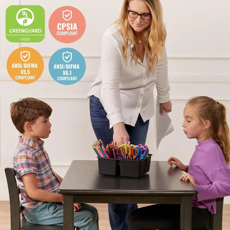 Juego de mesa y sillas rectangulares de madera dura de 24 x 36 pulgadas, altura de asiento de 12 pulgadas, muebles para niños, lavado gris