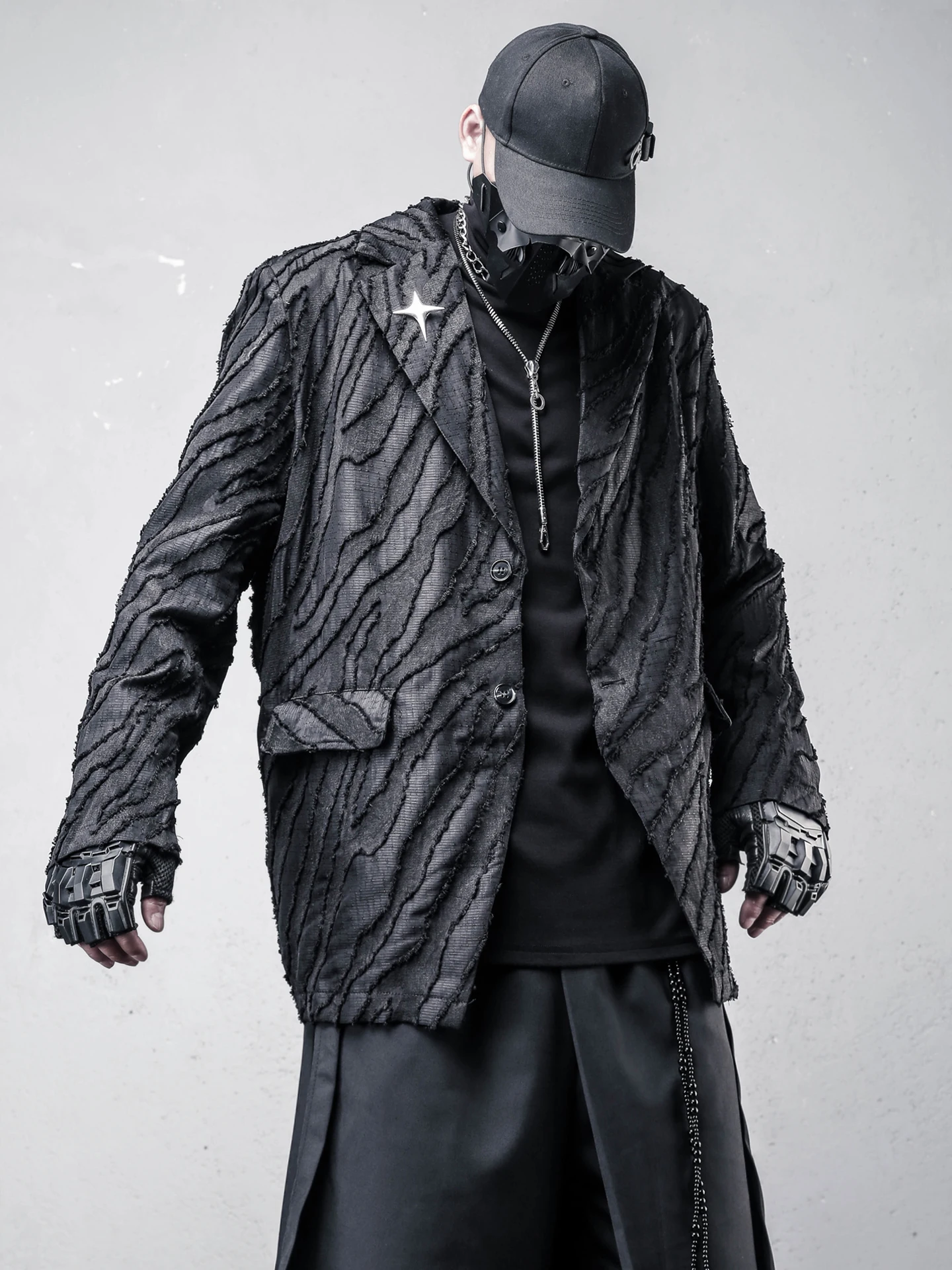 Autumnal Non-Conformist Design Suit Jacket Men's Casual Long Sleeve Polyester Fiber Straight Hemline Fashionable Dark Texture