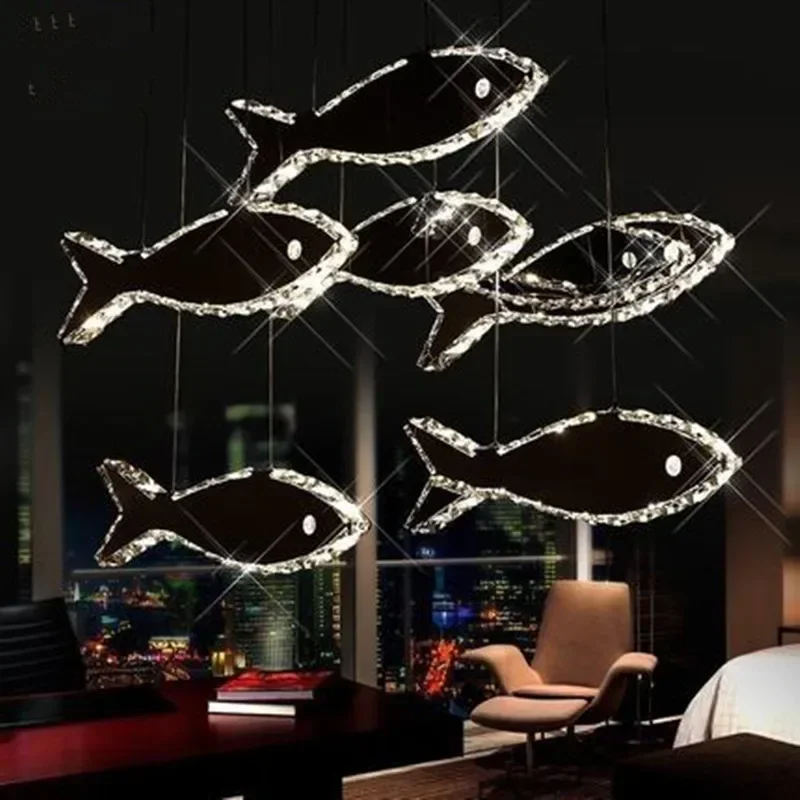

Simple modern restaurant light three head single crystal fish chandelier bar LED dining chandelier creative personality lamps