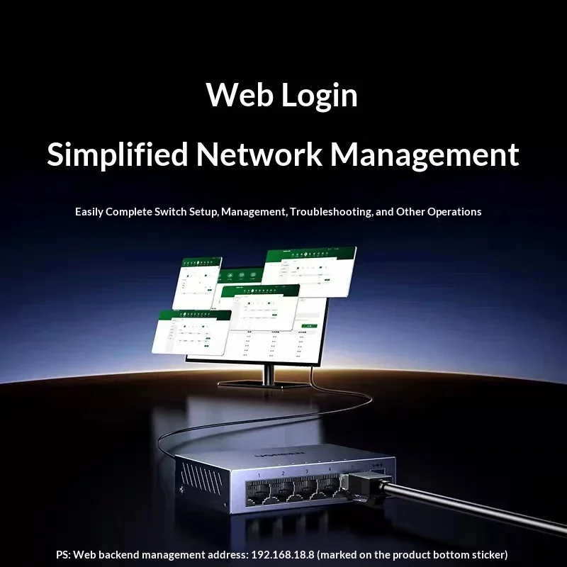UGREEN 65956 CM933 5-Port Gigabit Ethernet Switch with Web Management VLAN Fanless Metal Housing.