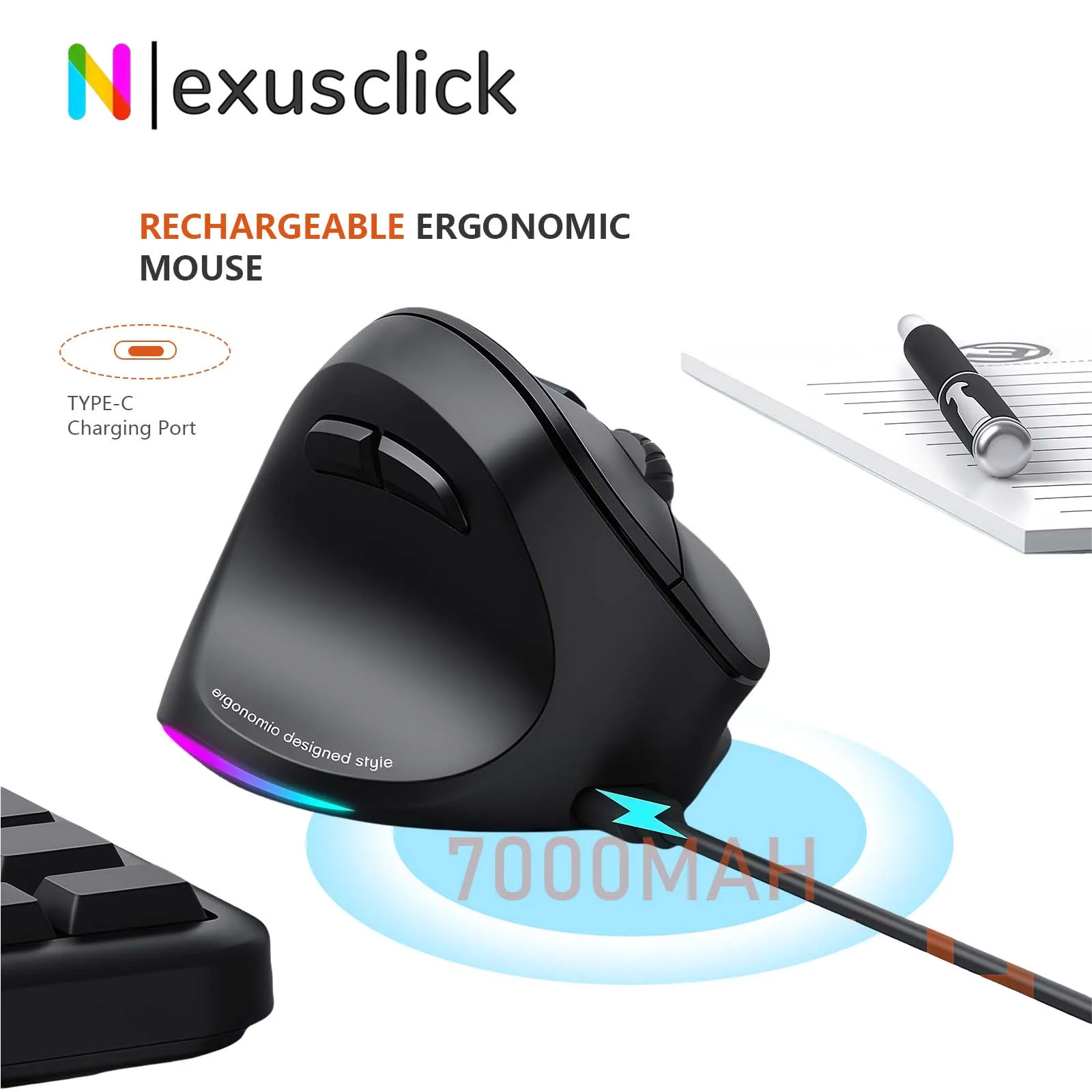 Meetion Mishen Bluetooth Left-Handed Ergonomic Vertical Wireless Mouse BTM010 2400DPI Rechargeable RGB Mouse For PC Computer