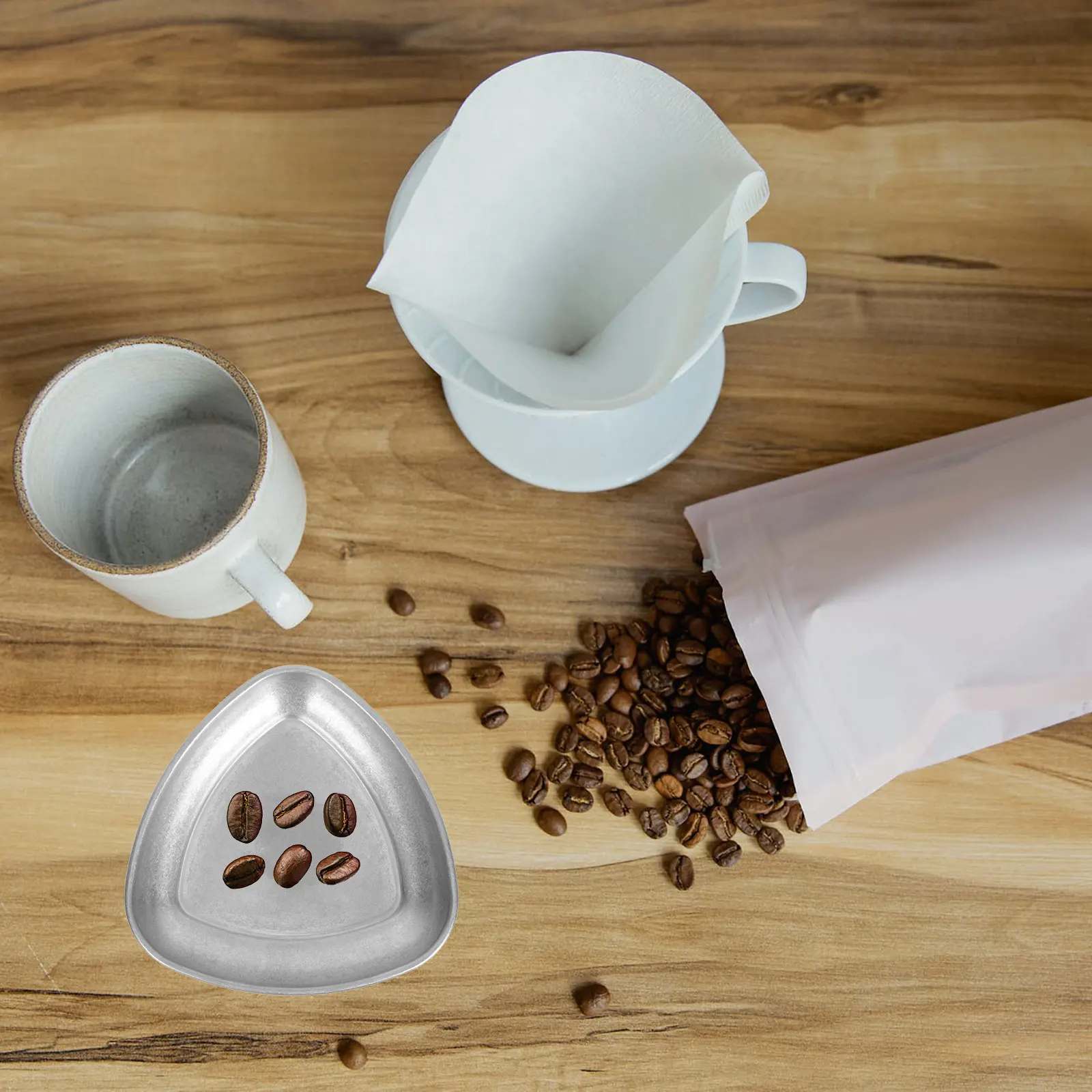 

Coffee Beans Display Tray Snack Measuring Plate Dispenser Stainless Steel Triangular Shaped Bean Sample Tray Slope Edge Stable