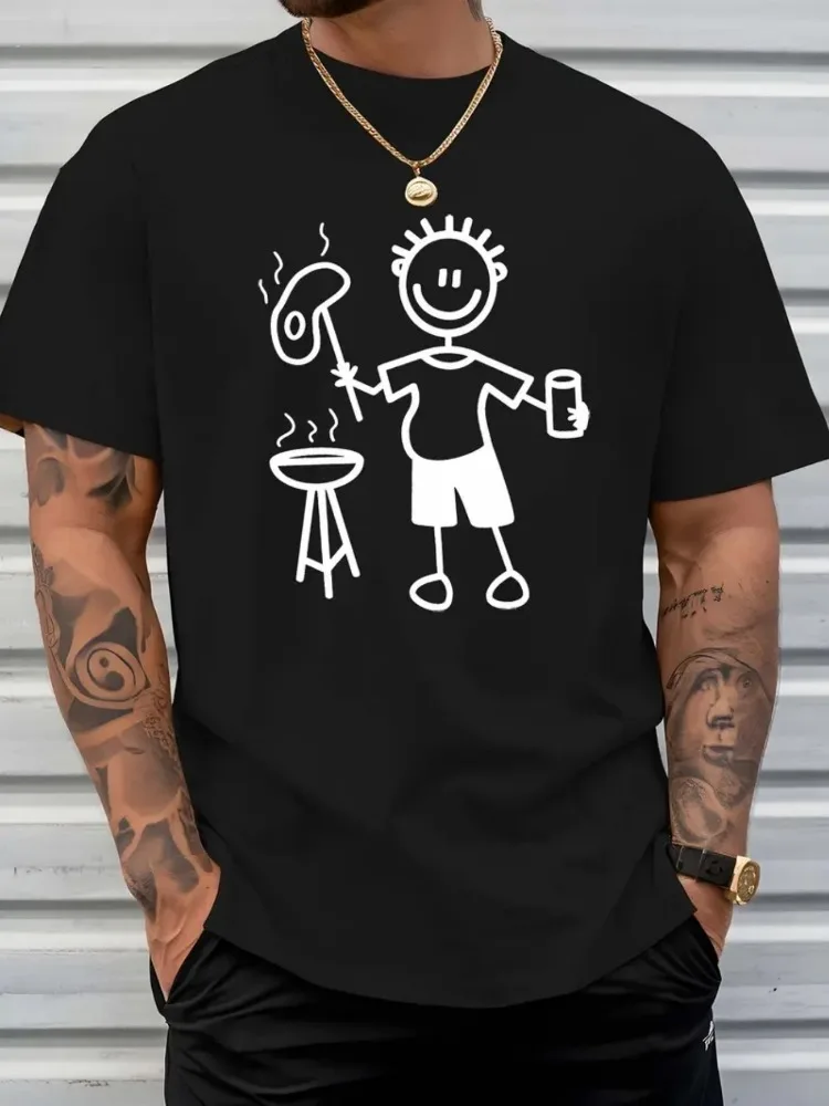 Men Crew Neck Cotton Short Sleeve Tee Funny BBQ Stick Figure Beer Grill Graphic Summer Outdoor Casual Daily Streetwear Soft Top