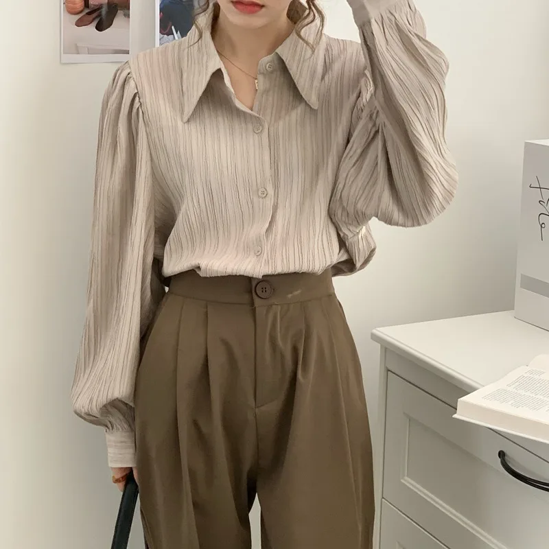 

Long Sleeve Shirts Women Chiffon Button Down Tops Sweet Feminine Minimalist Retro French Style Preppy Youth College Elegant Chic