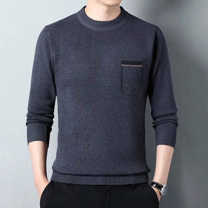 Casual O-Neck Knitted Pullovers 2024 Autumn Winter Vintage Printed Men's Clothing Commute Stylish Pockets Long Sleeve Sweaters