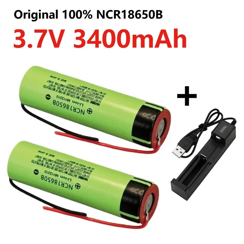 Original NCR18650B 3.7v 3400mAh 18650 Li-ion Rechargeable Battery suitable for flashlight battery+DIY wire assembly +Charger