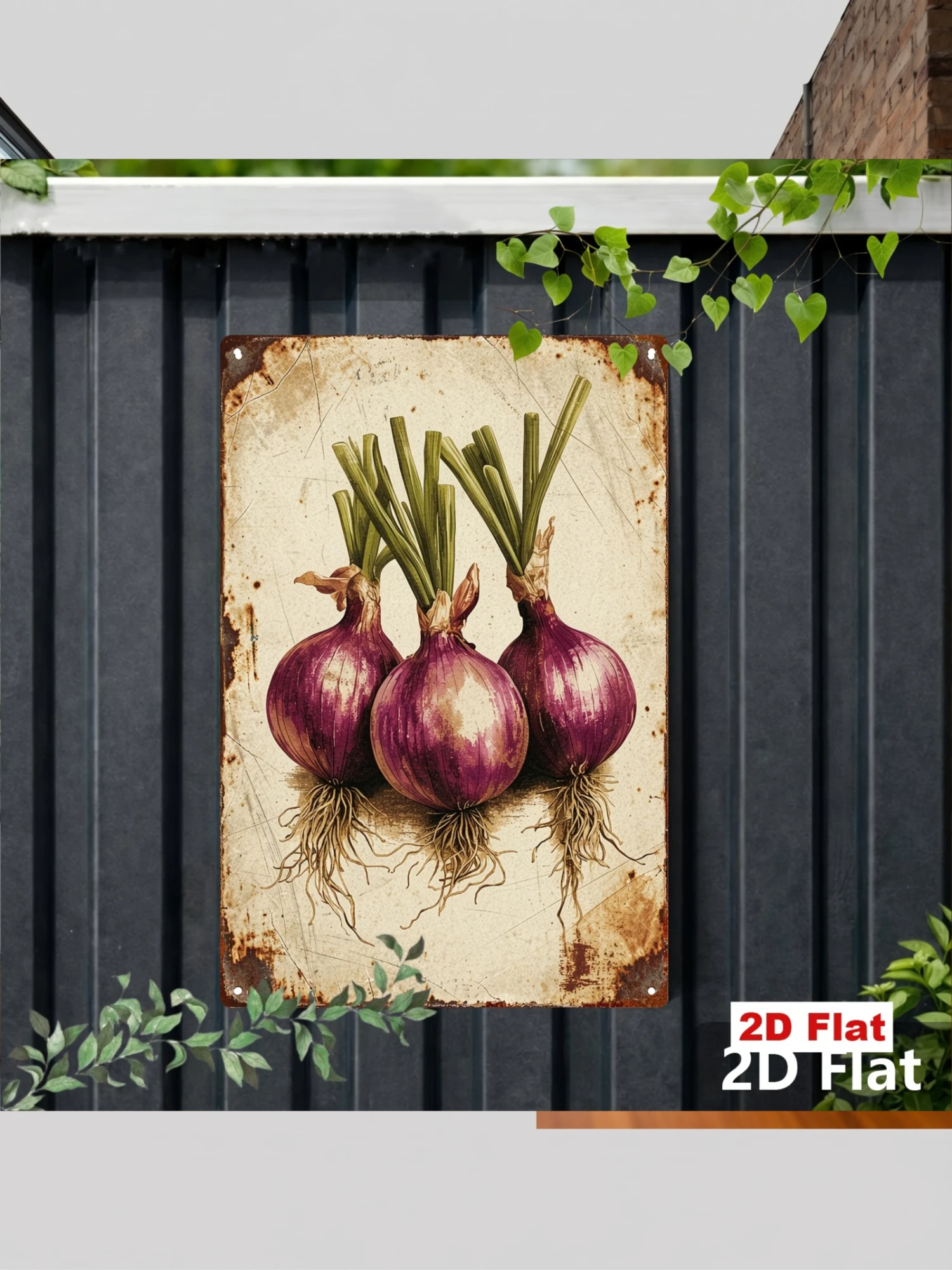 2D Flat, 2D Flat [] 1pc Vintage Onion Vegetable Metal Sign, 7.87x11.81inch Iron Sign with Hand-Painted Style Purple Skin Onion Pattern, Farmhouse Kitchen Decor, Suitable for Home, Restaurant, Cafe, Bar, Rustic Style, Country Decor, Tin Painting