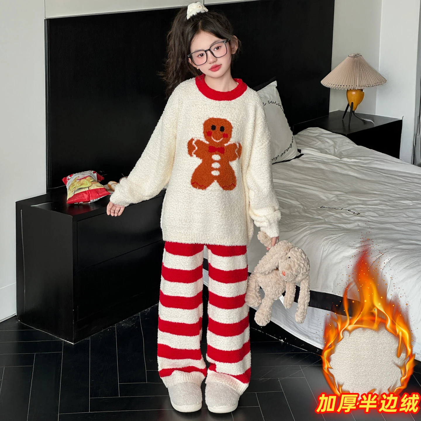 

Christmas Suit Child Velvet Warm HomeWear Sets Size 4-14Y Girls Sleepwear 2Pieces Of PJ Sets Sweetheart Long Sleeve+Long Pants