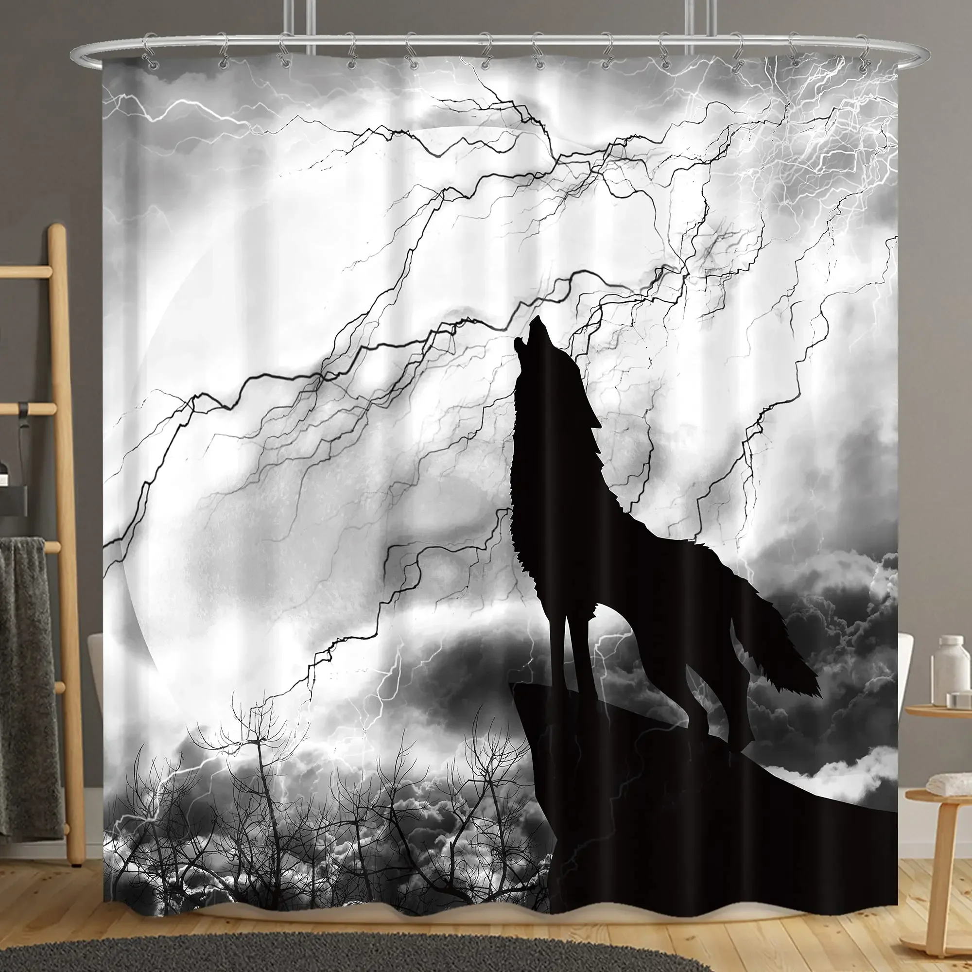 Wolf Silhouette Shower Curtain Black White Howling Thunderstorm Animal Moon Light Mystic Decor Bathroom Set Waterproof with Hook