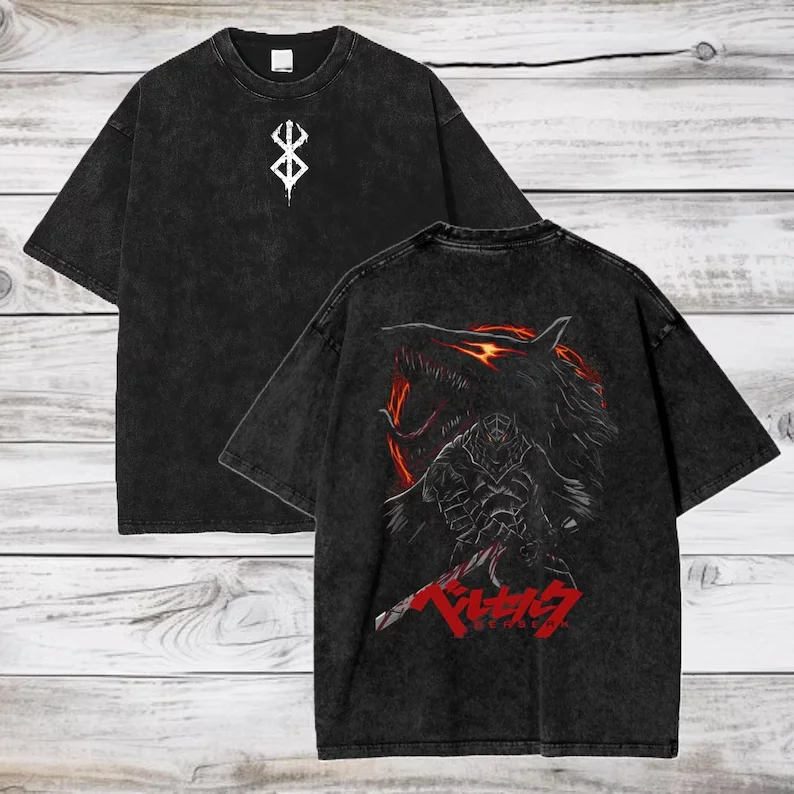 Camiseta holgada informal de algodón lavada Retro para hombre y mujer, camiseta de gran tamaño con estampado gráfico de Anime Berserk Gust, ropa de calle, camisetas de viento Harajuku