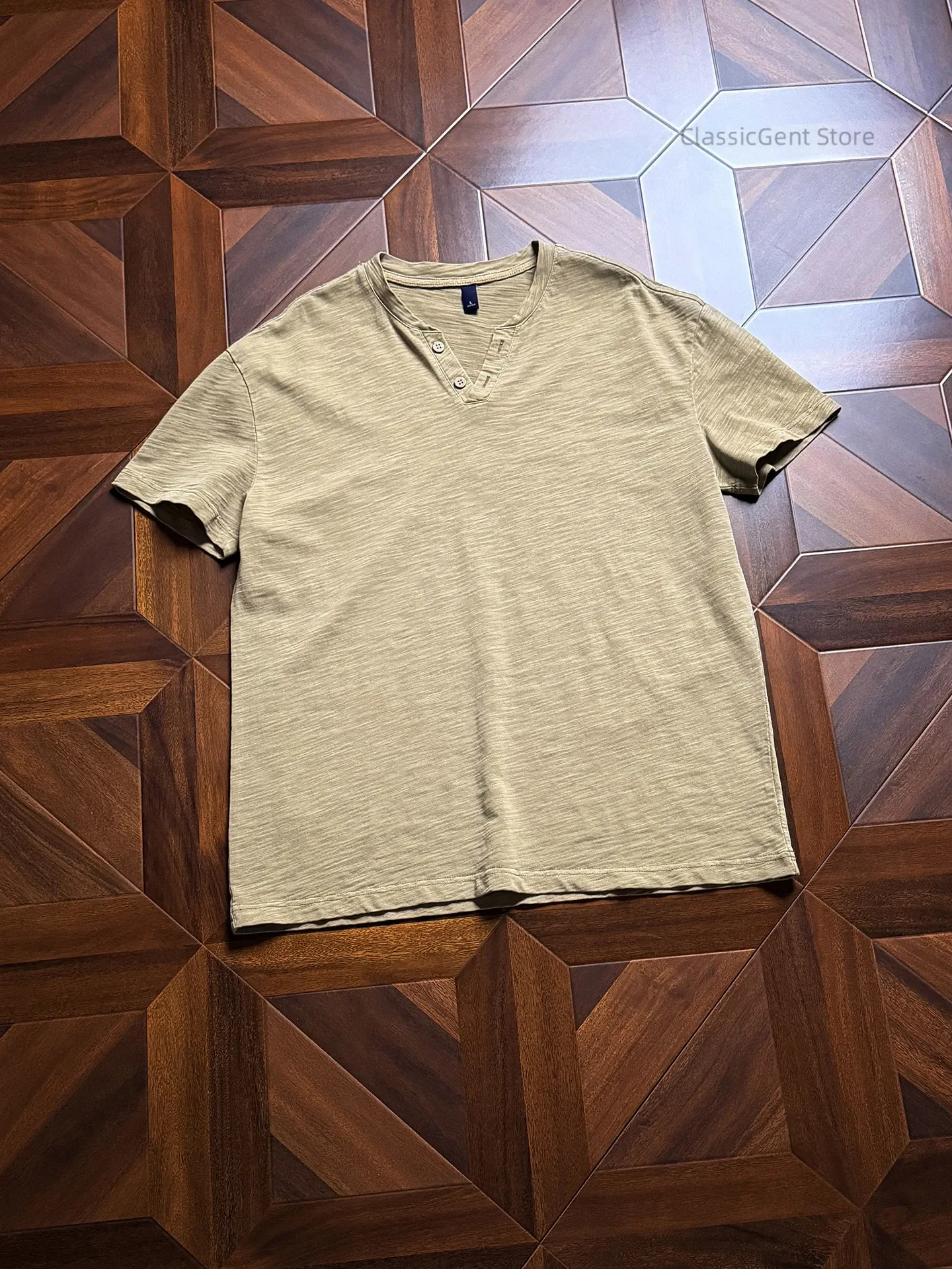 New retro washed ready-to-wear dyed without deformation 9.5OZ heavy bamboo cotton, short-sleeved V-neck T-shirt