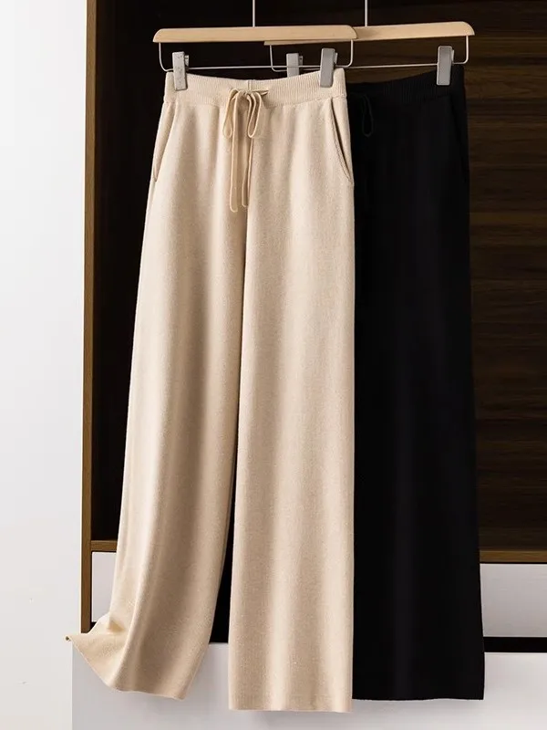 

Женские вязаные брюки с высокой талией и широкими штанинами, осенне-зимние, новые, повседневные, прямого кроя, с завязками, удлиненные, стройнящие