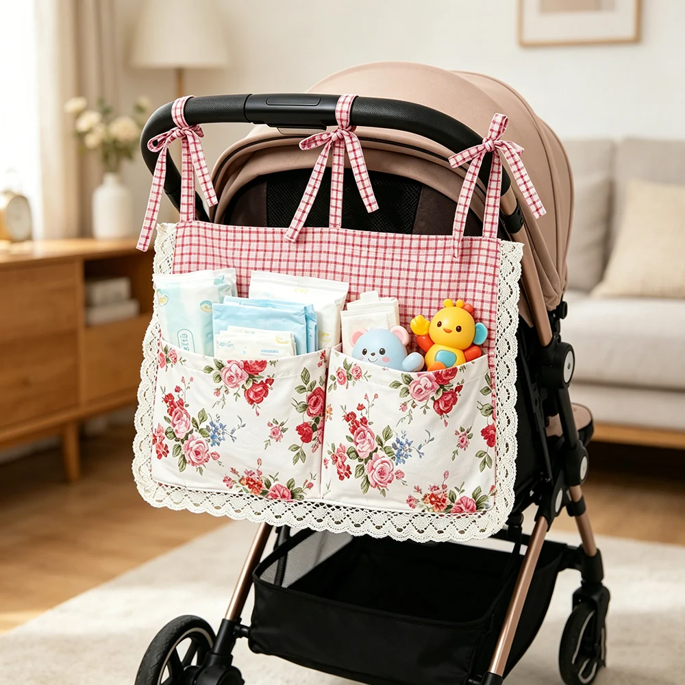 コテージコア花柄吊り下げ収納ポケットレーストリムチェック柄オ - Baby Clothing For Bed のレビューと価格