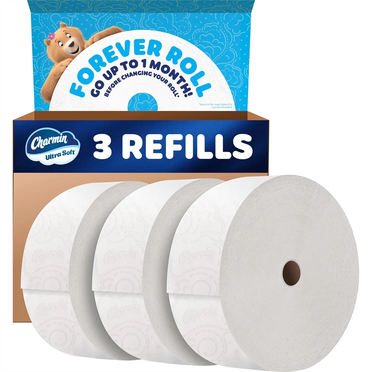 

Ultra Soft 2-Ply Toilet Paper, 3 Forever Refill Rolls, Long-Lasting Bath Tissue for Home Use
