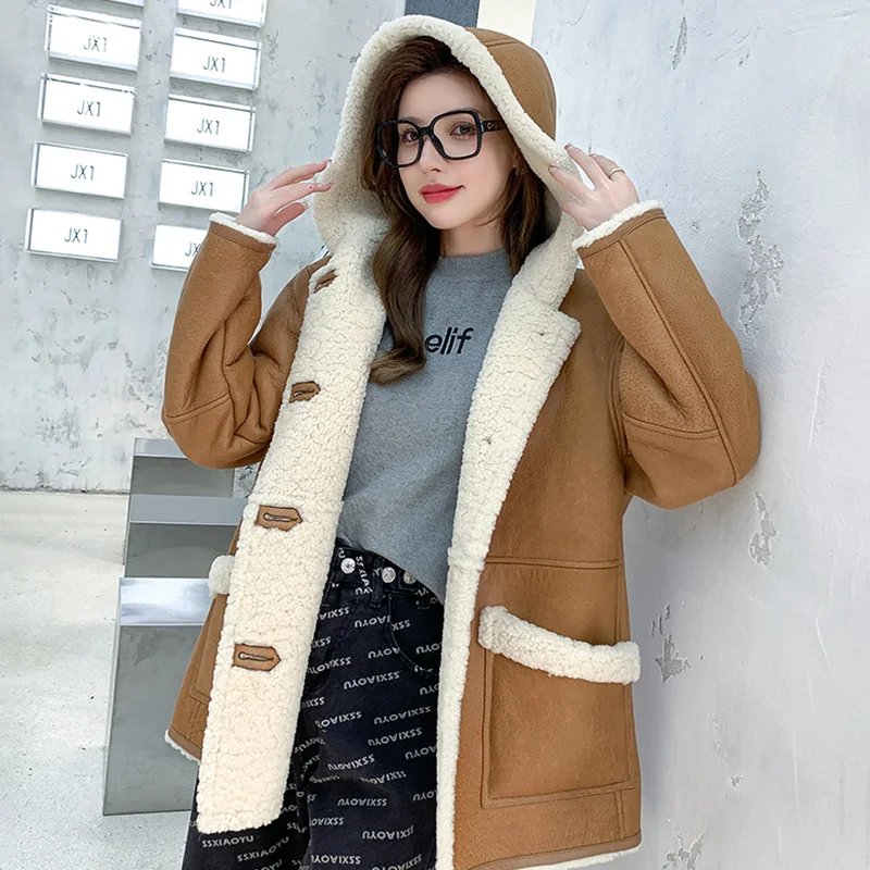 Genuine Sheepskin Leather Coats 2022 New Women Hooded Merino Shearing Fur Coats Winter Warm Fur Lining Jacket Overcoat ZJN5184