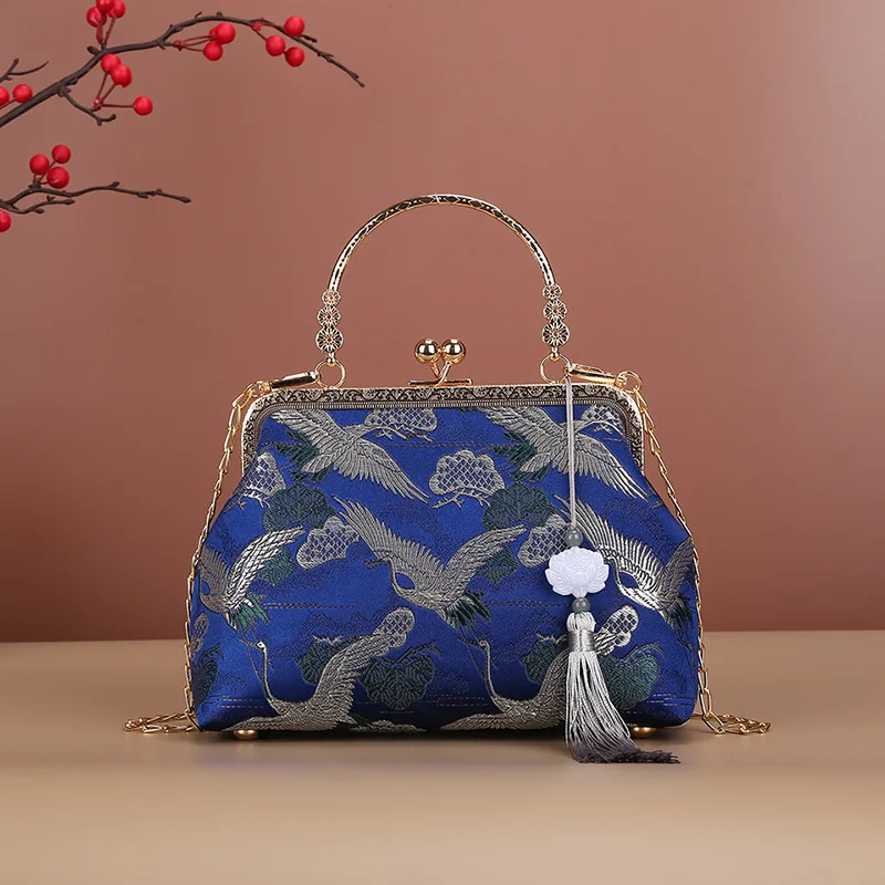 

Chinese Style Crane Print Tassel Dinner Evening Bag For Women Fashion Metal Handle Handbag Chain Shoulder Bag Party Small Clutch