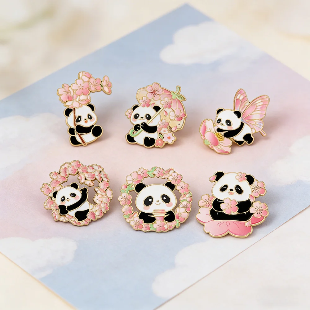 6Pcs Kawaii Chibi Sakura Panda Enamel Pins Cartoon Cherry Blossom Animal Pandas Brooch Lapel Badge Backpack Decor Prop Fans Gift