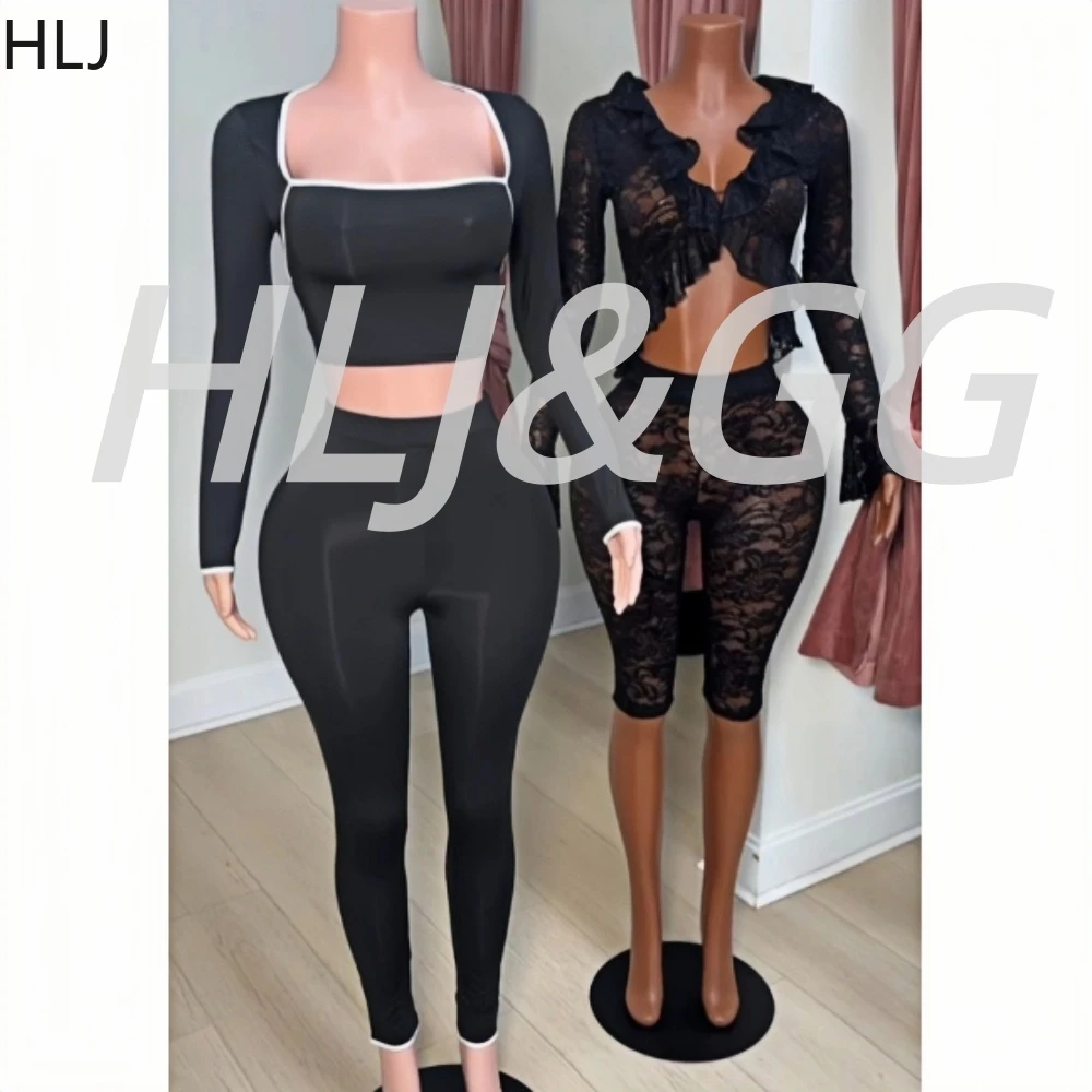

HLJ Сексуальный кружевной комплект Y2K See Though из двух предметов для женщин с v-образным вырезом и длинными рукавами, тонкий топ и шорты, модная тенденция, уличная одежда из 2 предметов