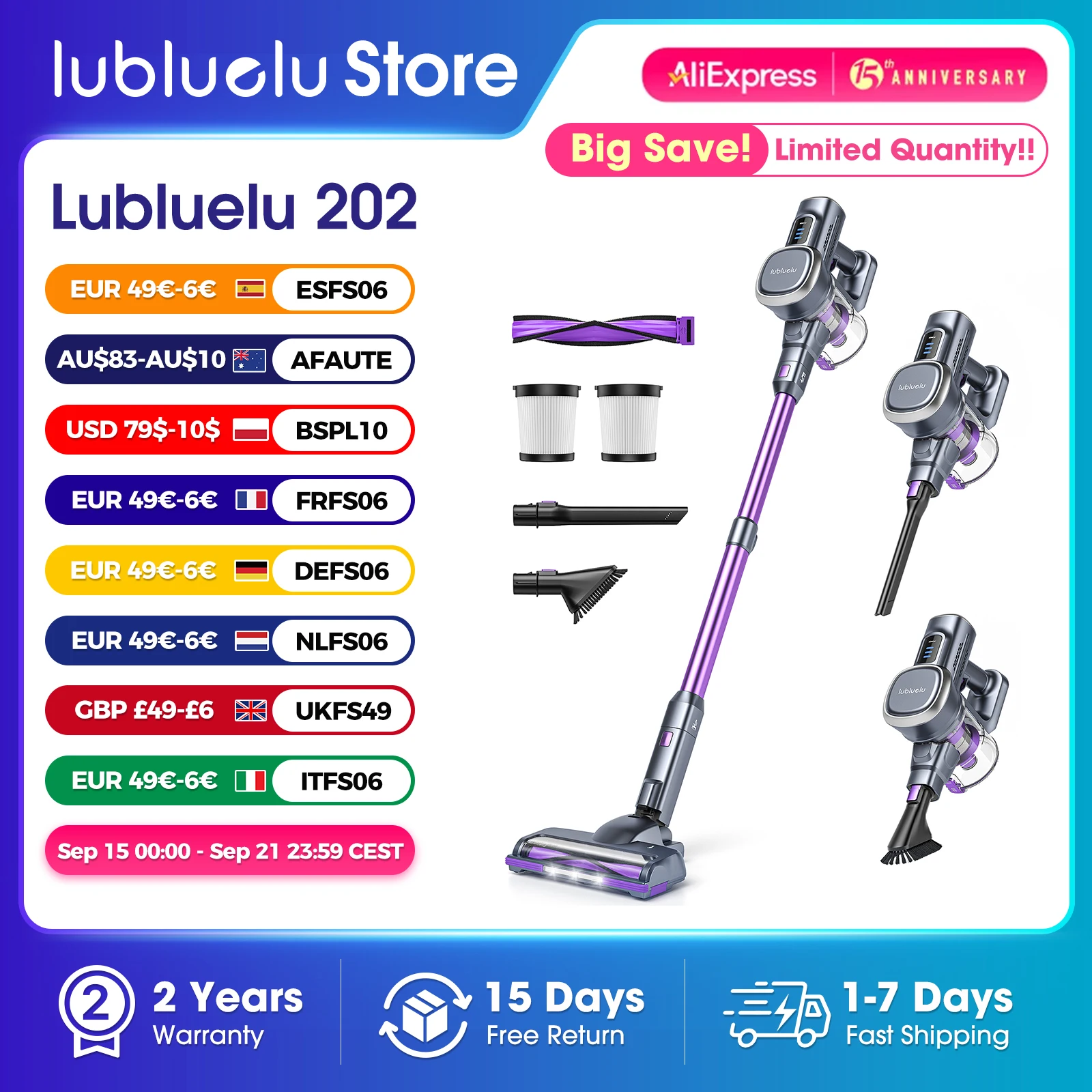 Lubluelu 202 Akku-Staubsauger, leicht, 6-in-1, 27 kPa, leistungsstark, ohne Kabel, für Teppiche, Böden, Tierhaare