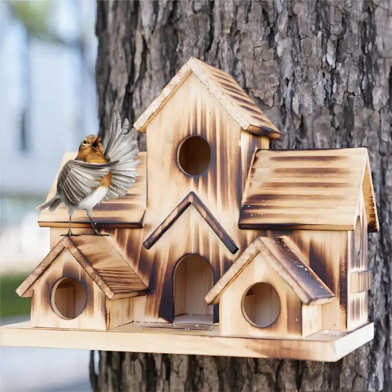 

Wooden Birdhouse Feeder Outdoor Garden Decor Multi Chamber Bird Nest Box Rustic Burnt Wood Villa Design Hanging Bird Feeder