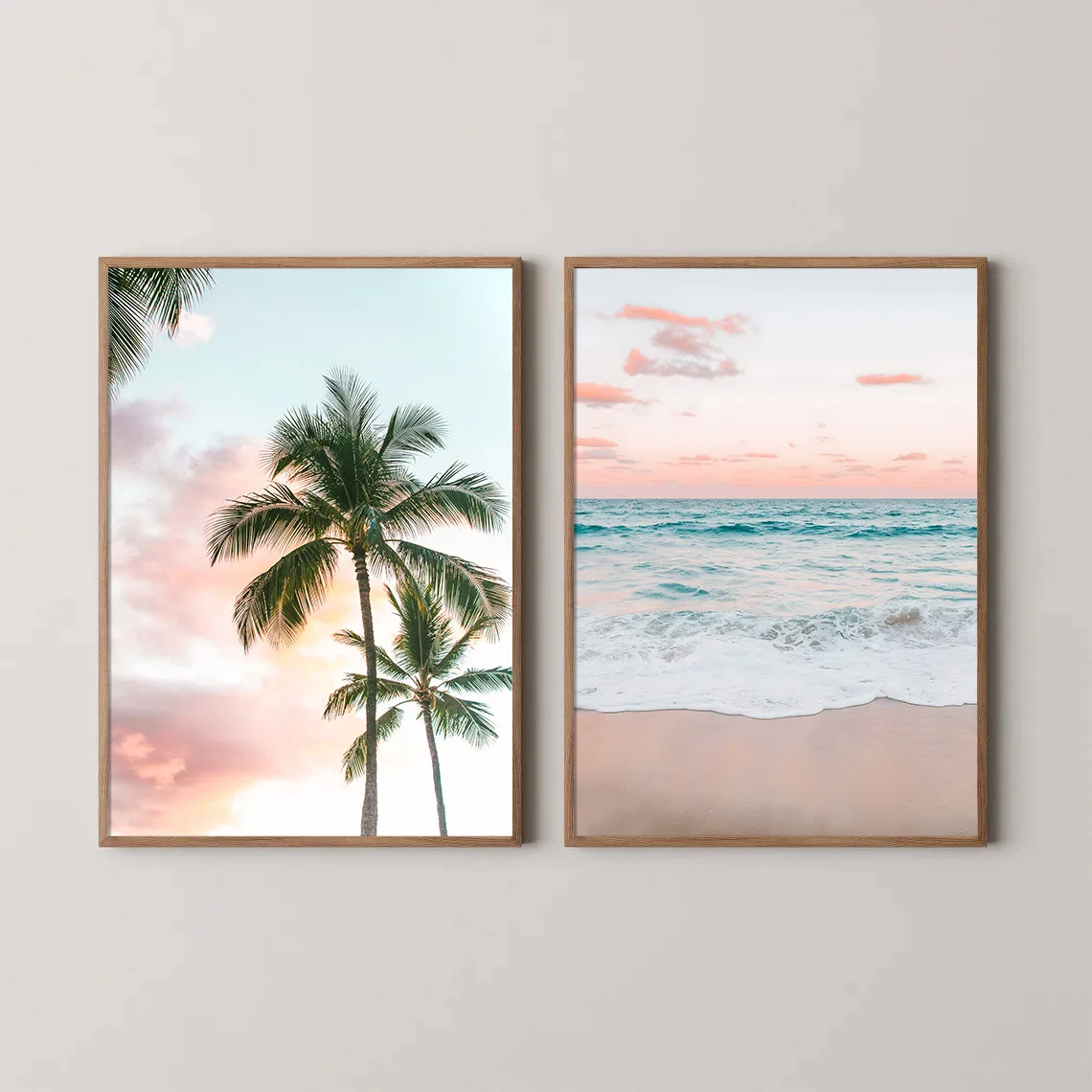 2pcs Set Unframed Summer Tropical Coastal Sunset Landscape Canvas Palm Tree Ocean Waves Seascape Wall Art Print Decor Painting