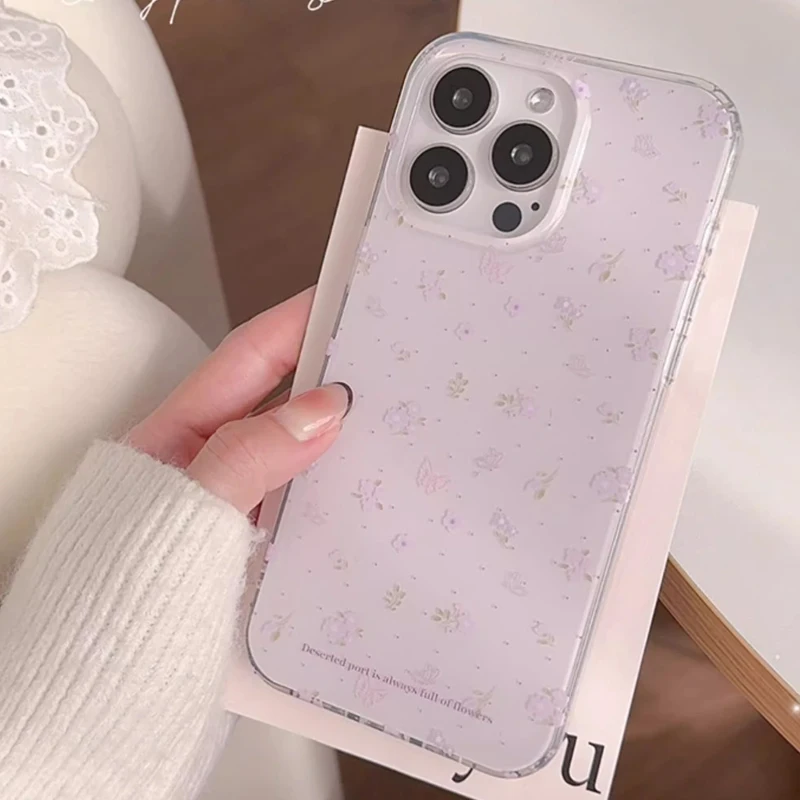 Ins Korean Purple Floral Gentle Healing Creative Cute Phone Case For iPhone 17 Air 16 15 14 13 12 11 Pro Max Plus Y2K Cover