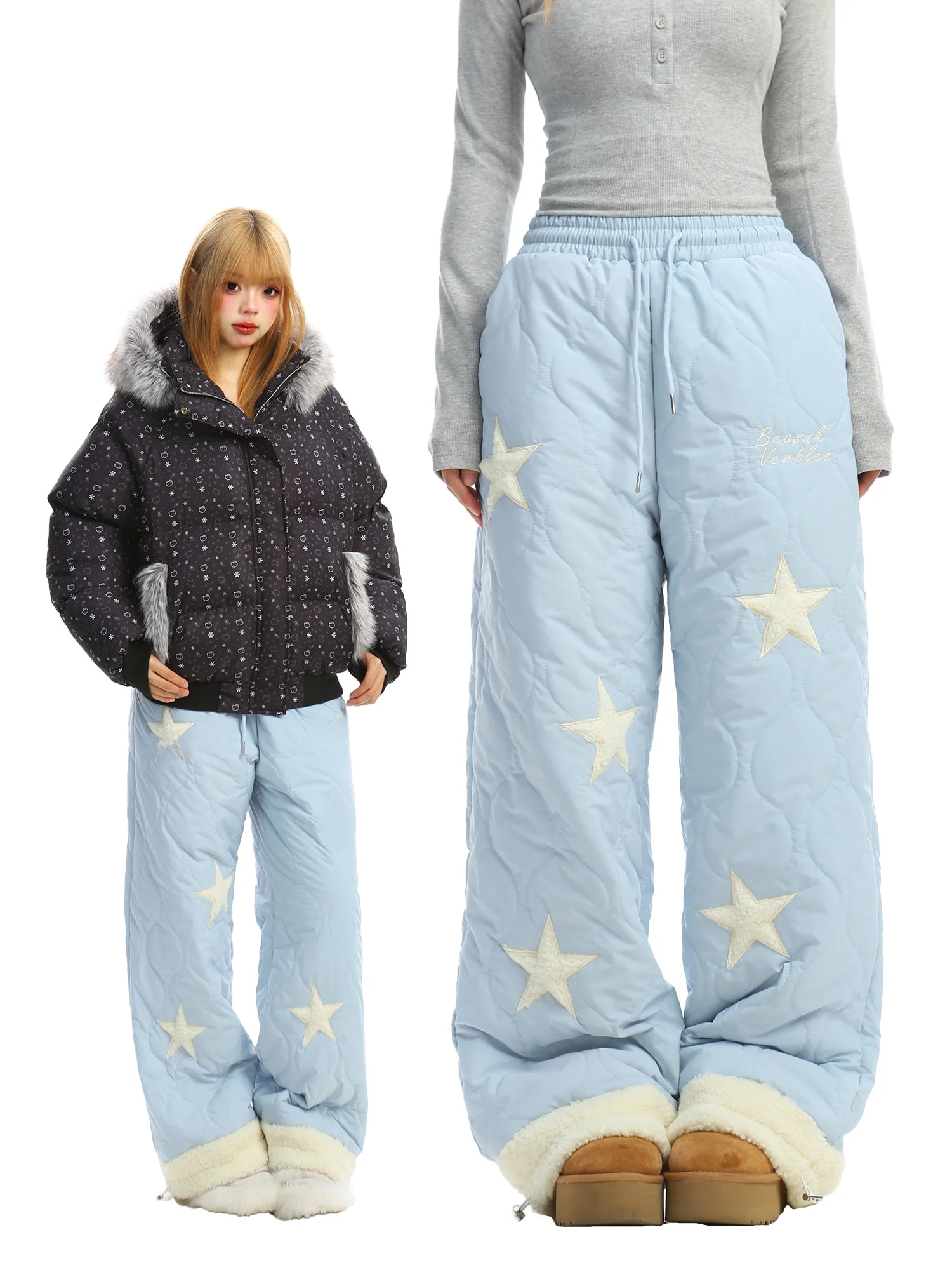 

Женские зимние теплые брюки BearGirl из утолщенного хлопка, широкие прямые повседневные брюки с вышивкой из овчины, удобная посадка